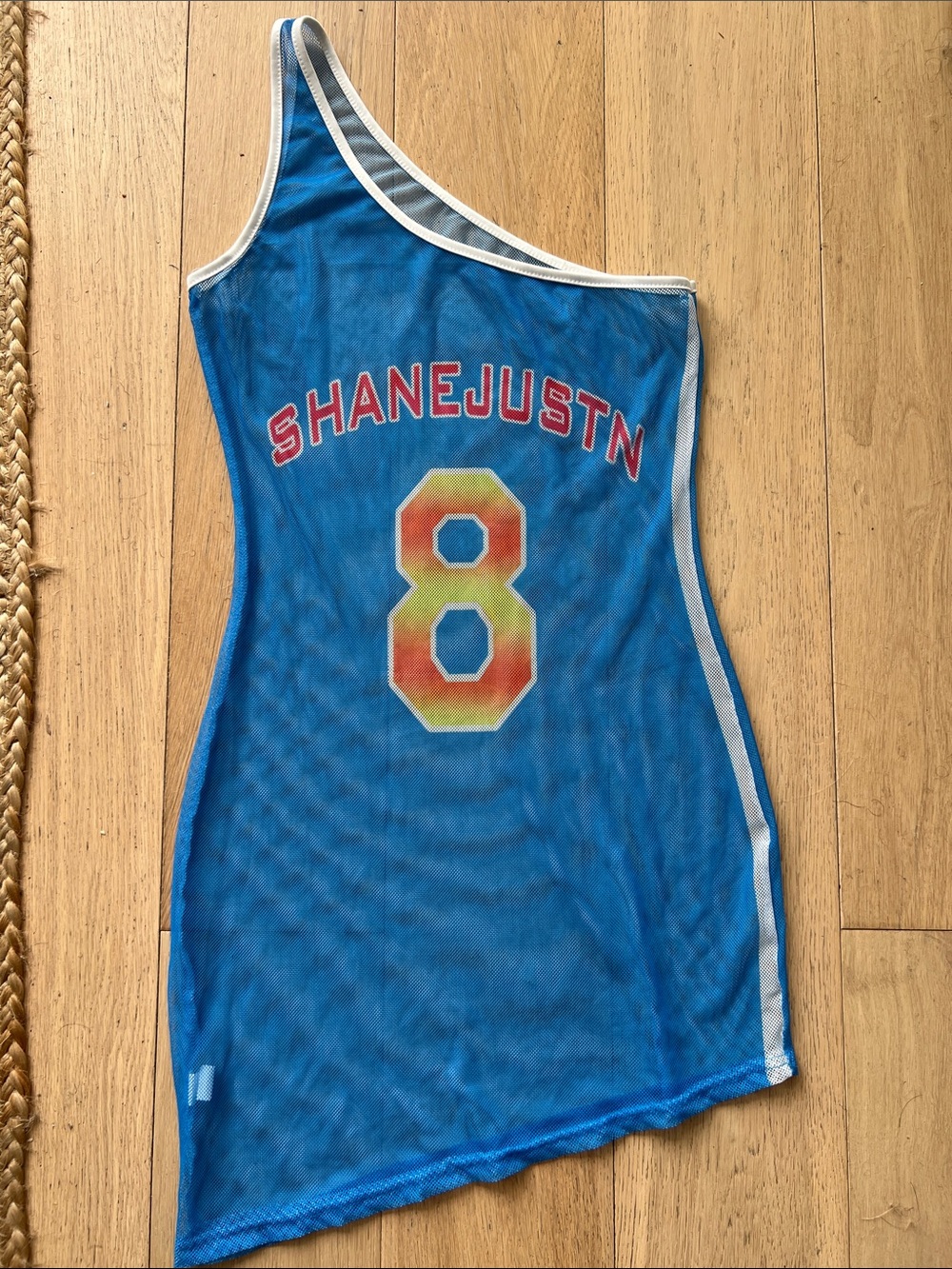 Blue One-Shoulder Mesh Jersey Dress with 'SHANEJUSTN' & Number 8